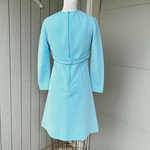 Vintage 60s Blue Textured Mod Mini Dress with Belted Back Detail - Picture 3 of 14